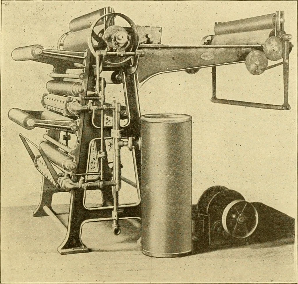 An illustration from Cyclopedia of textile work : a general reference library on cotton, woollen and worsted yarn manufacture, weaving, designing, chemistry and dyeing, finishing, knitting, and allied subjects, 1907, leaf 76
