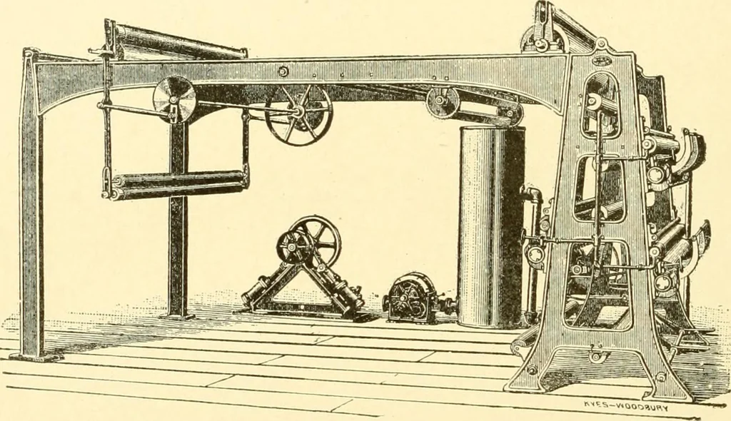 An illustration from Cyclopedia of textile work : a general reference library on cotton, woollen and worsted yarn manufacture, weaving, designing, chemistry and dyeing, finishing, knitting, and allied subjects, 1907, leaf 77