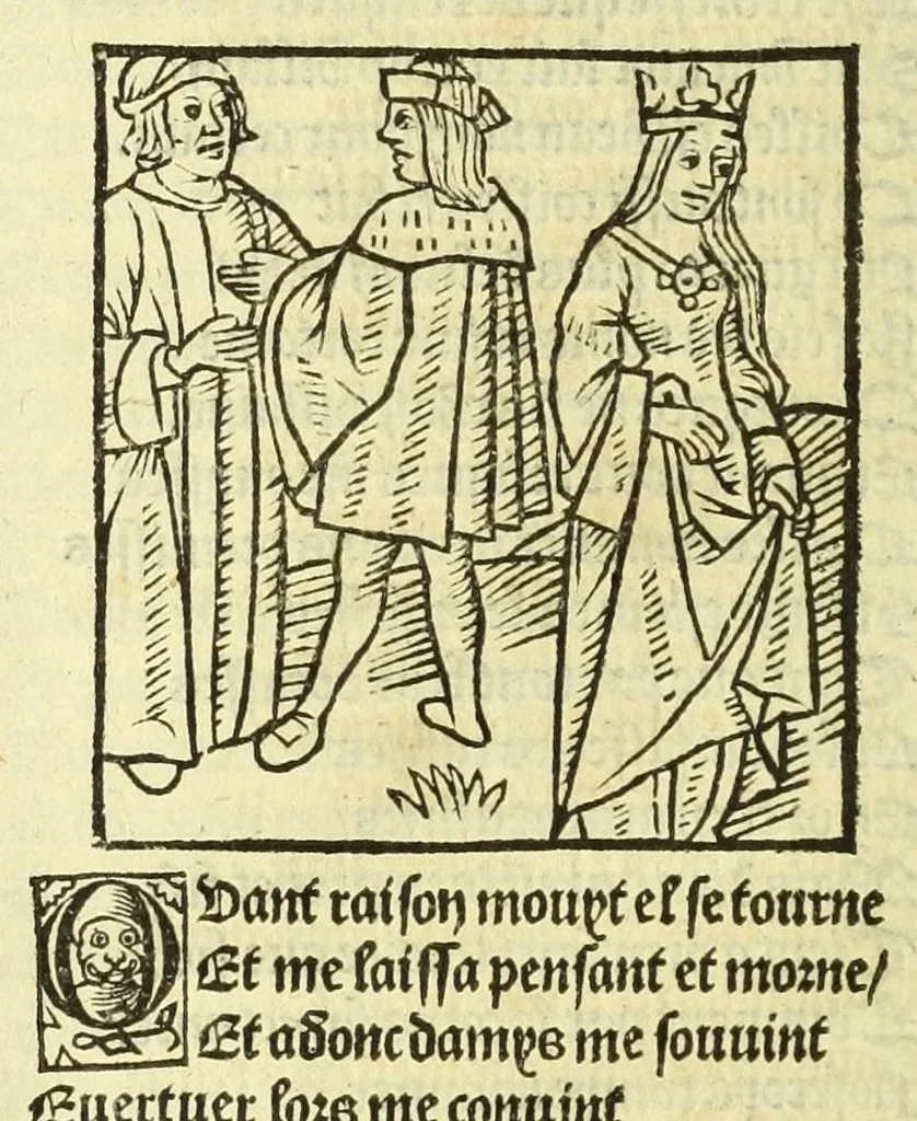 An illustration from Cy est le Romat de la roze, ou, Tout lart Damour est enclose : histoires et auctoritez et maintz beaulx propos vsitez qui a este nouuellement Corrige suffisantement et cotte bien a lauantaige com on voit en chascune page, 1526, leaf 112