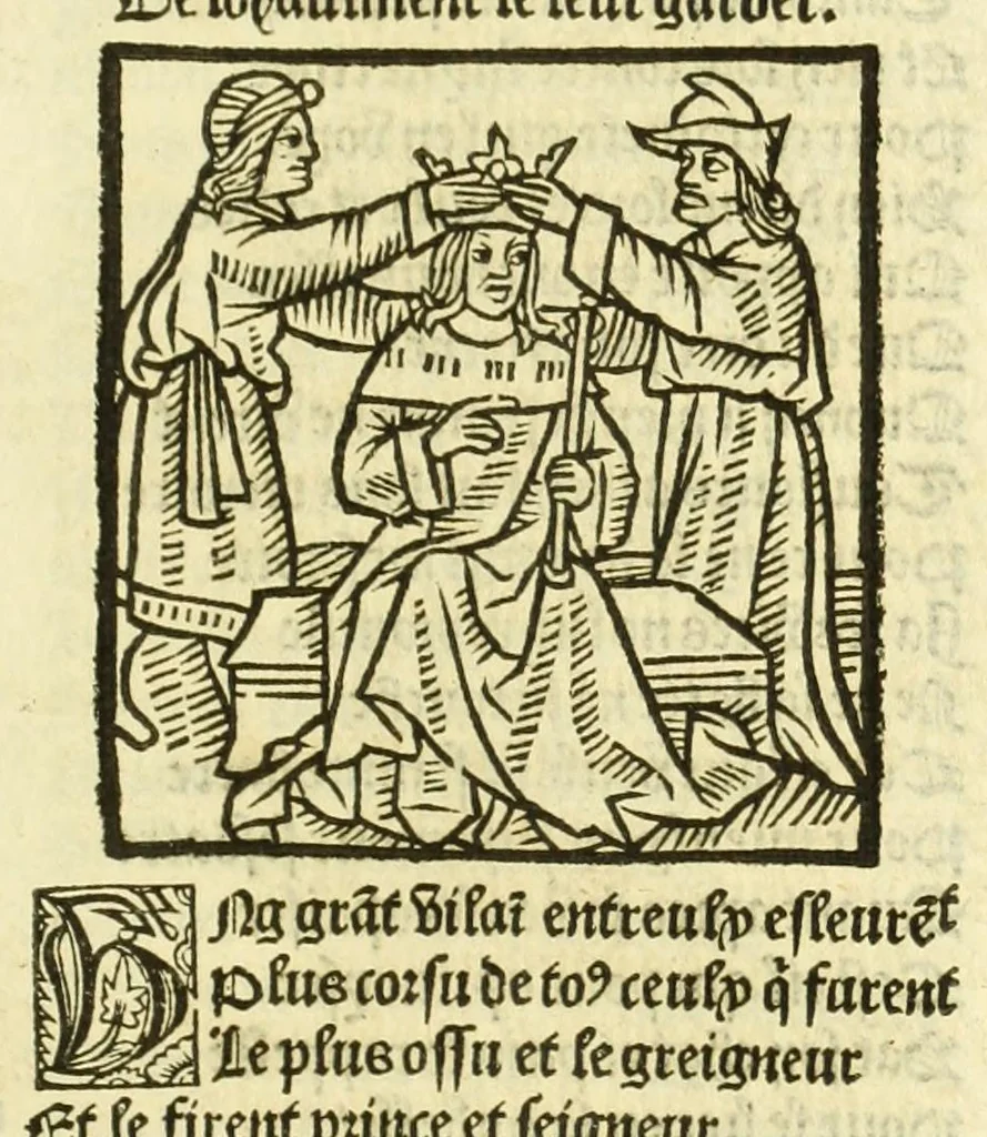 An illustration from Cy est le Romat de la roze, ou, Tout lart Damour est enclose : histoires et auctoritez et maintz beaulx propos vsitez qui a este nouuellement Corrige suffisantement et cotte bien a lauantaige com on voit en chascune page, 1526, leaf 143