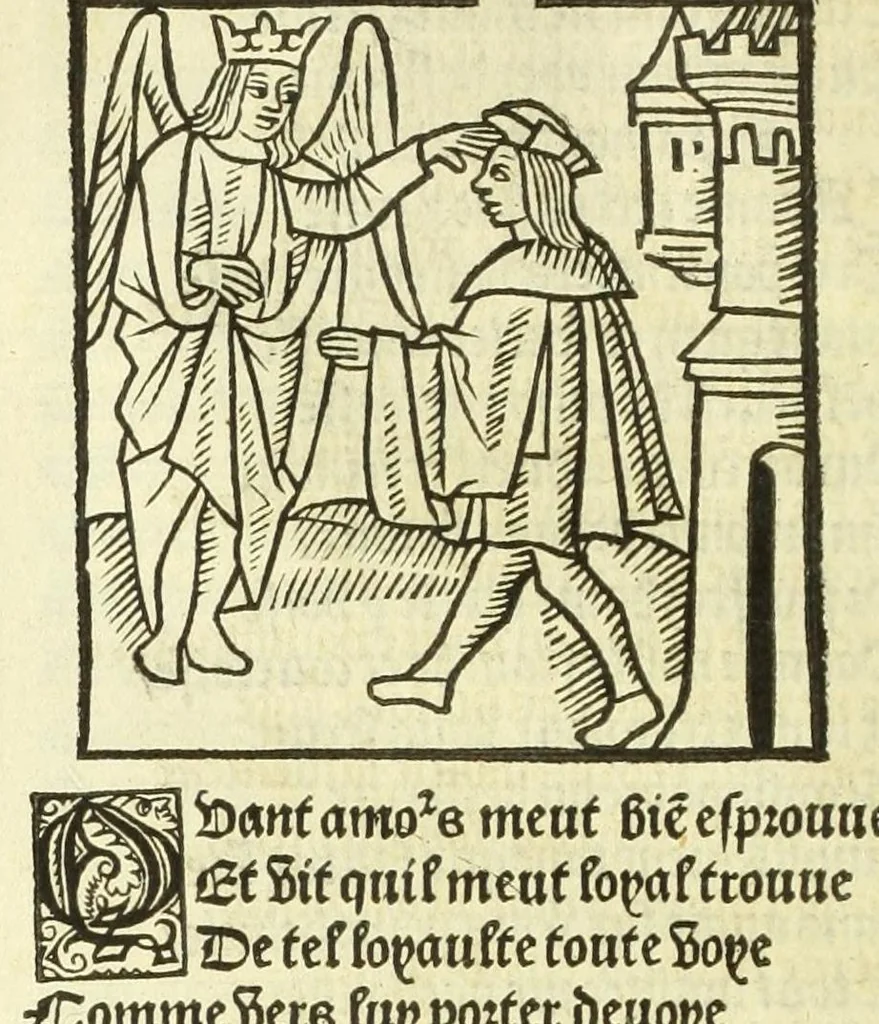 An illustration from Cy est le Romat de la roze, ou, Tout lart Damour est enclose : histoires et auctoritez et maintz beaulx propos vsitez qui a este nouuellement Corrige suffisantement et cotte bien a lauantaige com on voit en chascune page, 1526, leaf 152