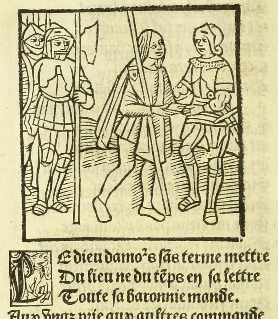 An illustration from Cy est le Romat de la roze, ou, Tout lart Damour est enclose : histoires et auctoritez et maintz beaulx propos vsitez qui a este nouuellement Corrige suffisantement et cotte bien a lauantaige com on voit en chascune page, 1526, leaf 154