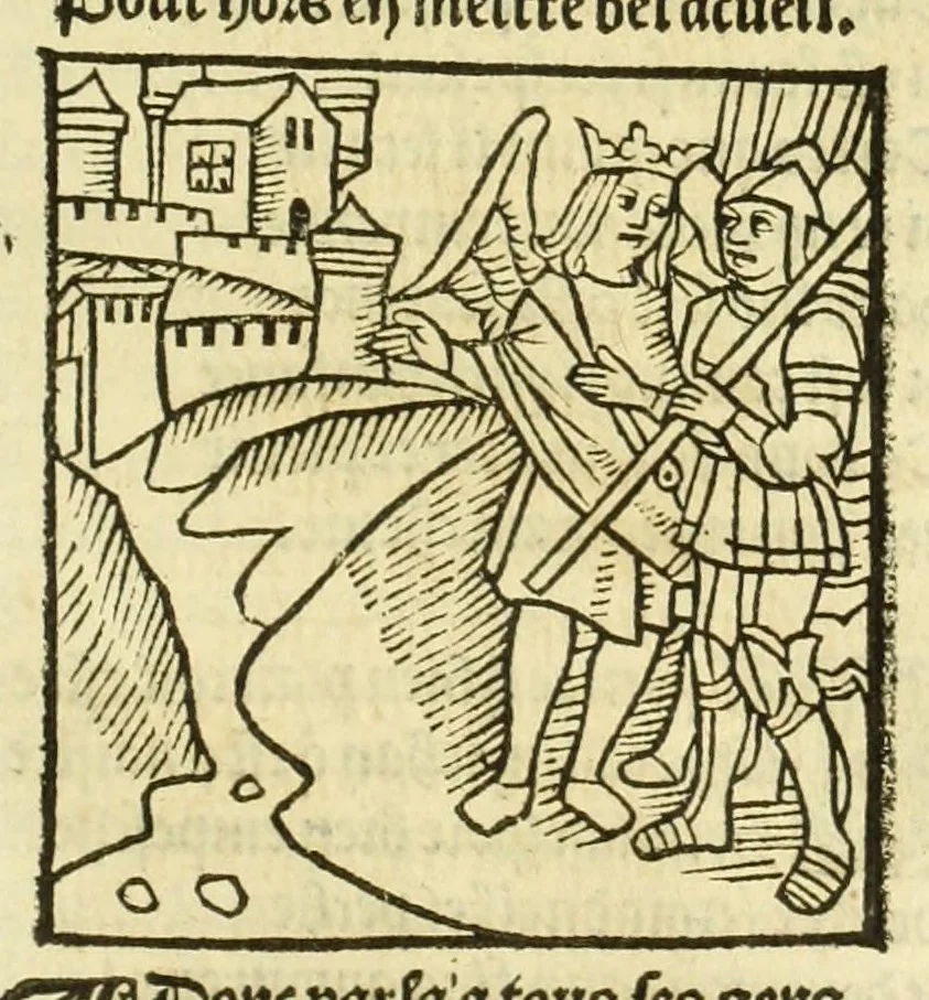 An illustration from Cy est le Romat de la roze, ou, Tout lart Damour est enclose : histoires et auctoritez et maintz beaulx propos vsitez qui a este nouuellement Corrige suffisantement et cotte bien a lauantaige com on voit en chascune page, 1526, leaf 155