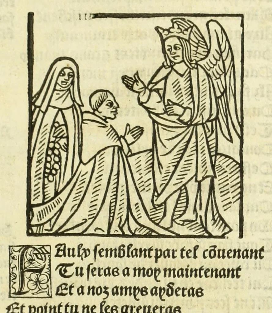 An illustration from Cy est le Romat de la roze, ou, Tout lart Damour est enclose : histoires et auctoritez et maintz beaulx propos vsitez qui a este nouuellement Corrige suffisantement et cotte bien a lauantaige com on voit en chascune page, 1526, leaf 161