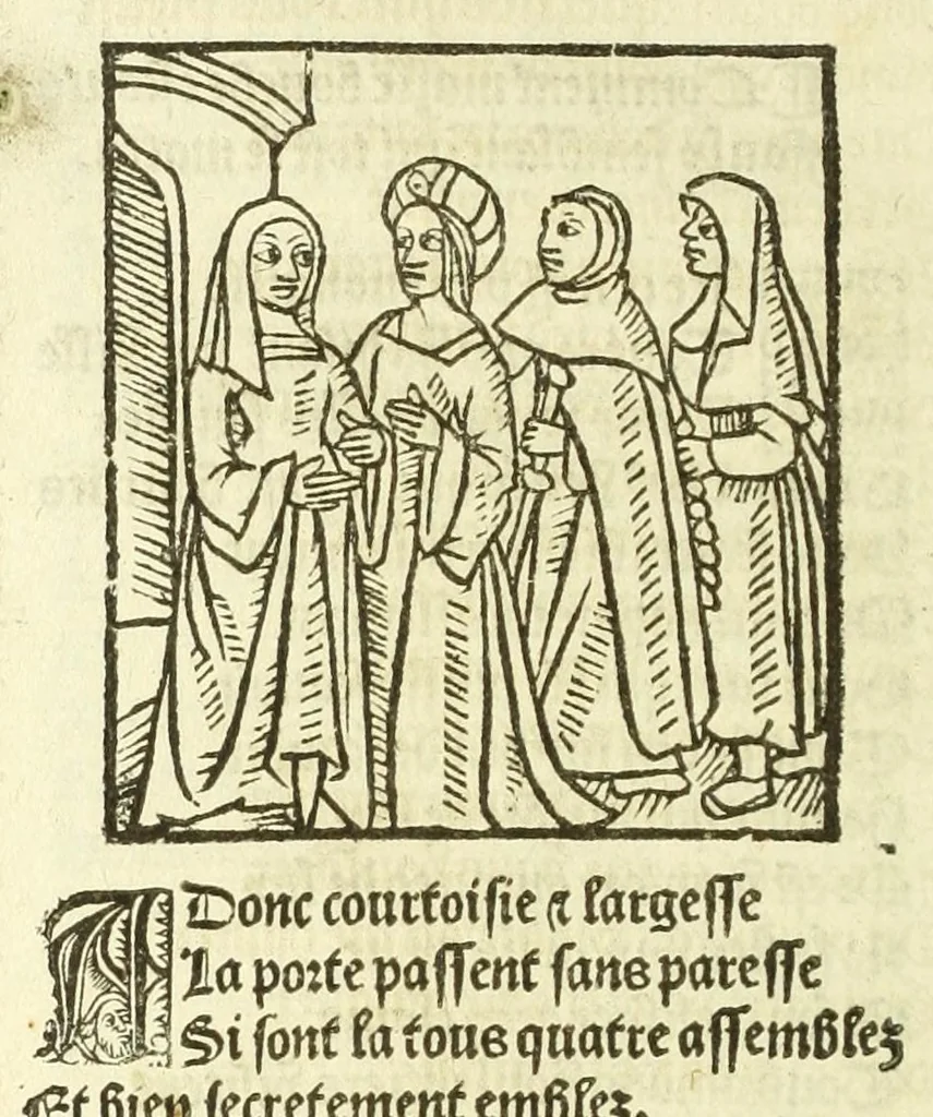 An illustration from Cy est le Romat de la roze, ou, Tout lart Damour est enclose : histoires et auctoritez et maintz beaulx propos vsitez qui a este nouuellement Corrige suffisantement et cotte bien a lauantaige com on voit en chascune page, 1526, leaf 180