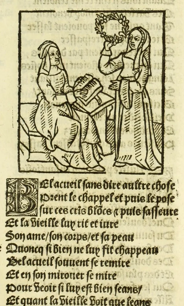 An illustration from Cy est le Romat de la roze, ou, Tout lart Damour est enclose : histoires et auctoritez et maintz beaulx propos vsitez qui a este nouuellement Corrige suffisantement et cotte bien a lauantaige com on voit en chascune page, 1526, leaf 185
