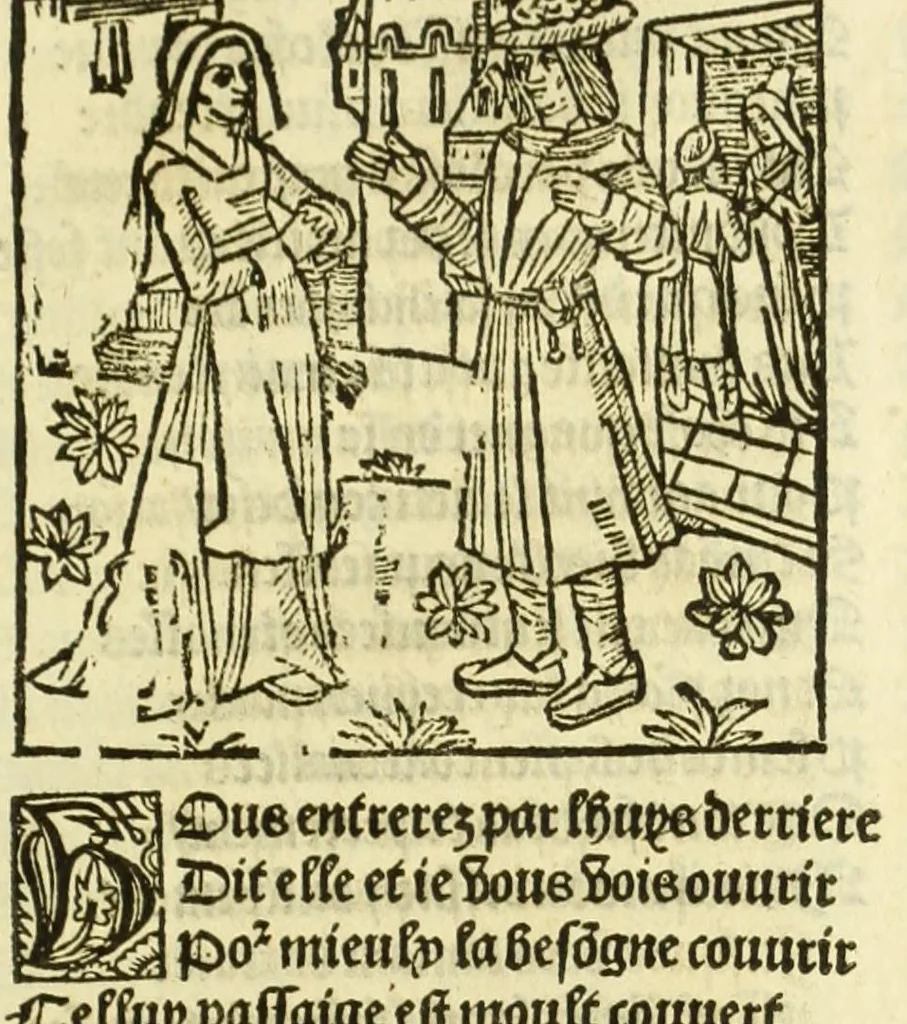 An illustration from Cy est le Romat de la roze, ou, Tout lart Damour est enclose : histoires et auctoritez et maintz beaulx propos vsitez qui a este nouuellement Corrige suffisantement et cotte bien a lauantaige com on voit en chascune page, 1526, leaf 209