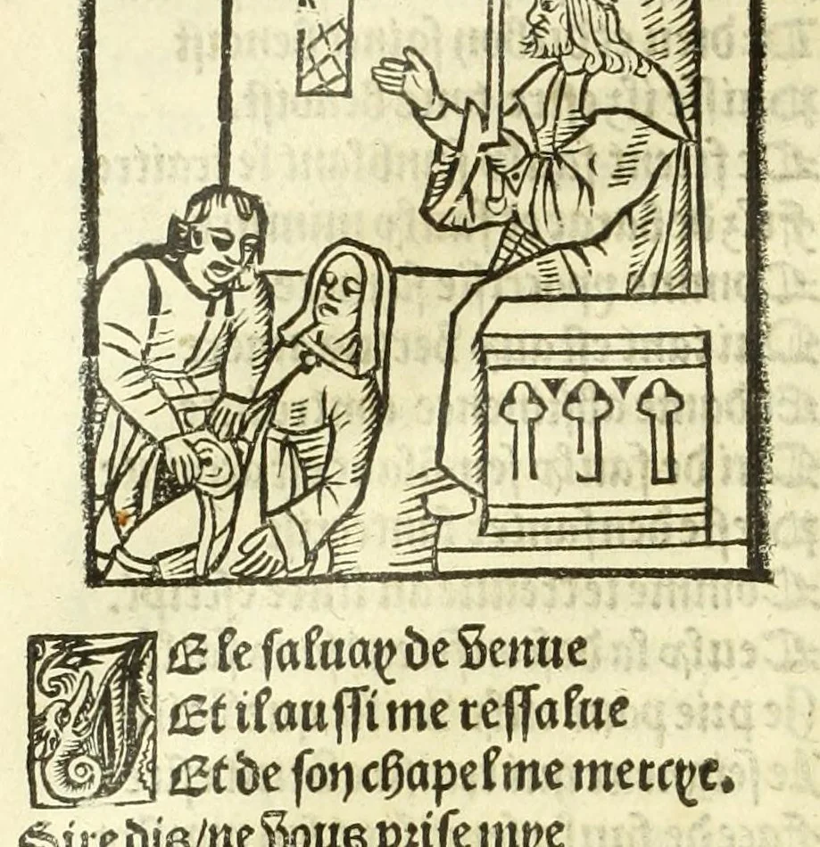 An illustration from Cy est le Romat de la roze, ou, Tout lart Damour est enclose : histoires et auctoritez et maintz beaulx propos vsitez qui a este nouuellement Corrige suffisantement et cotte bien a lauantaige com on voit en chascune page, 1526, leaf 210