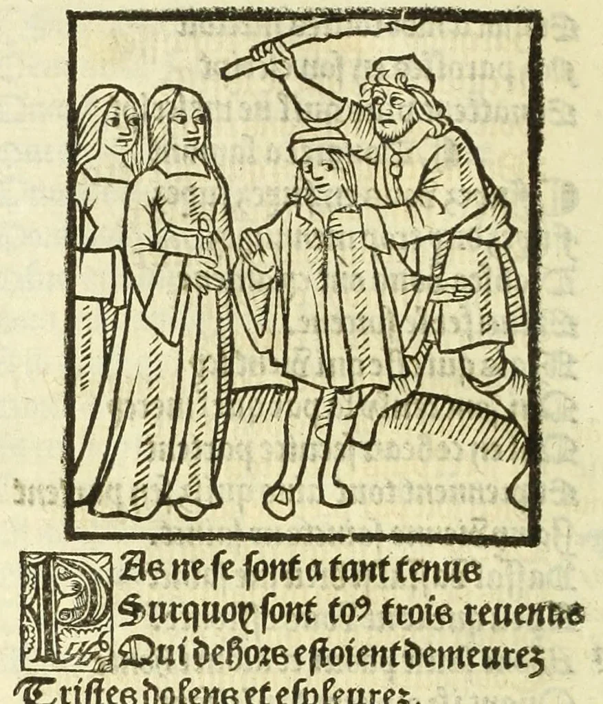 An illustration from Cy est le Romat de la roze, ou, Tout lart Damour est enclose : histoires et auctoritez et maintz beaulx propos vsitez qui a este nouuellement Corrige suffisantement et cotte bien a lauantaige com on voit en chascune page, 1526, leaf 212