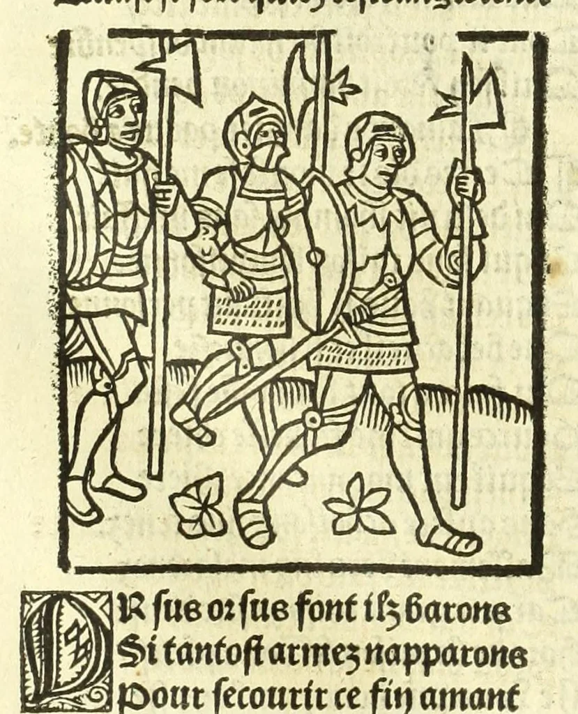 An illustration from Cy est le Romat de la roze, ou, Tout lart Damour est enclose : histoires et auctoritez et maintz beaulx propos vsitez qui a este nouuellement Corrige suffisantement et cotte bien a lauantaige com on voit en chascune page, 1526, leaf 214