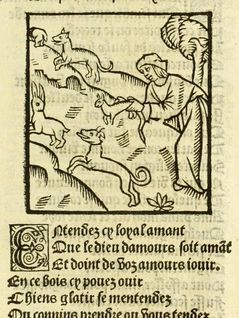 An illustration from Cy est le Romat de la roze, ou, Tout lart Damour est enclose : histoires et auctoritez et maintz beaulx propos vsitez qui a este nouuellement Corrige suffisantement et cotte bien a lauantaige com on voit en chascune page, 1526, leaf 215