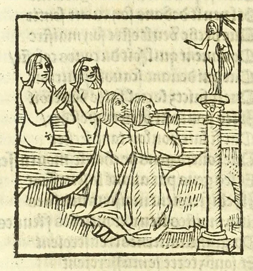 An illustration from Cy est le Romat de la roze, ou, Tout lart Damour est enclose : histoires et auctoritez et maintz beaulx propos vsitez qui a este nouuellement Corrige suffisantement et cotte bien a lauantaige com on voit en chascune page, 1526, leaf 246