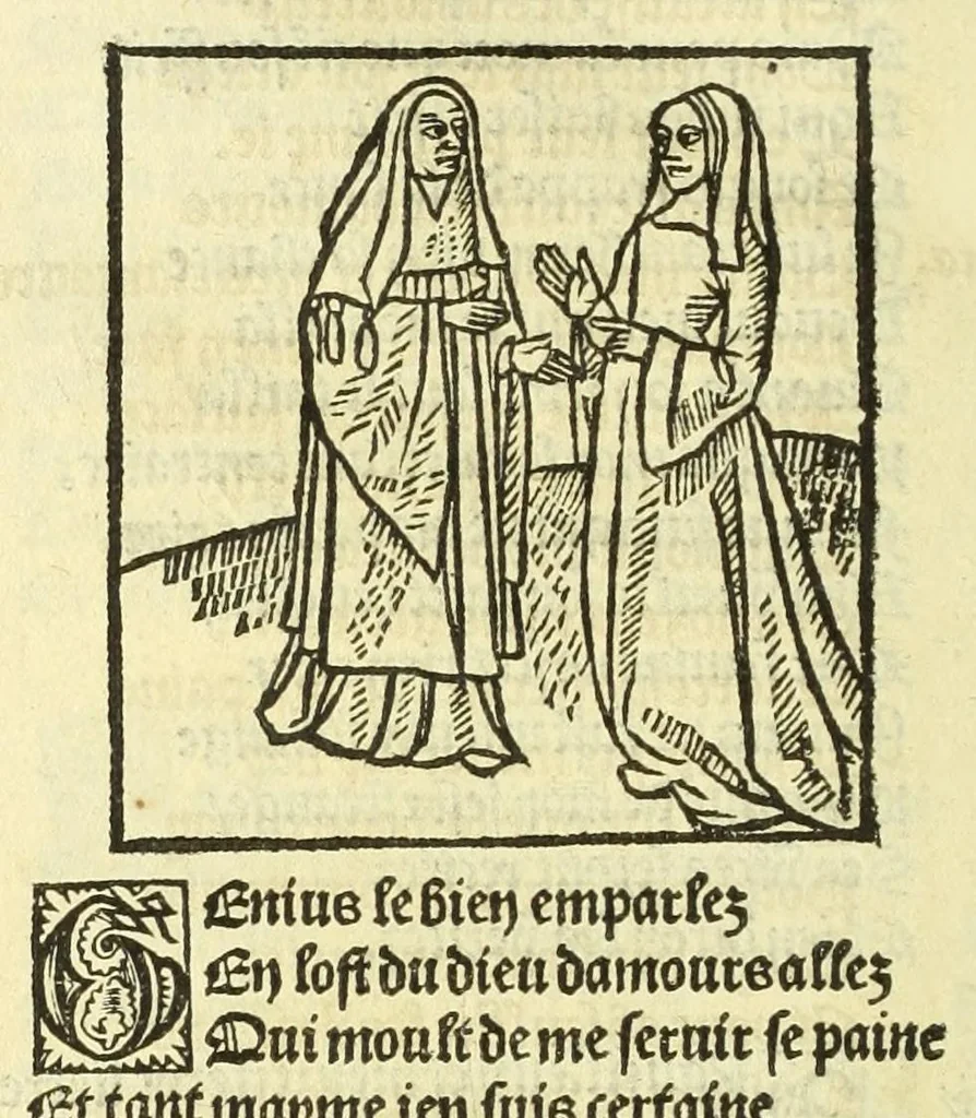 An illustration from Cy est le Romat de la roze, ou, Tout lart Damour est enclose : histoires et auctoritez et maintz beaulx propos vsitez qui a este nouuellement Corrige suffisantement et cotte bien a lauantaige com on voit en chascune page, 1526, leaf 264