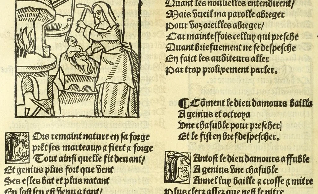 An illustration from Cy est le Romat de la roze, ou, Tout lart Damour est enclose : histoires et auctoritez et maintz beaulx propos vsitez qui a este nouuellement Corrige suffisantement et cotte bien a lauantaige com on voit en chascune page, 1526, leaf 266