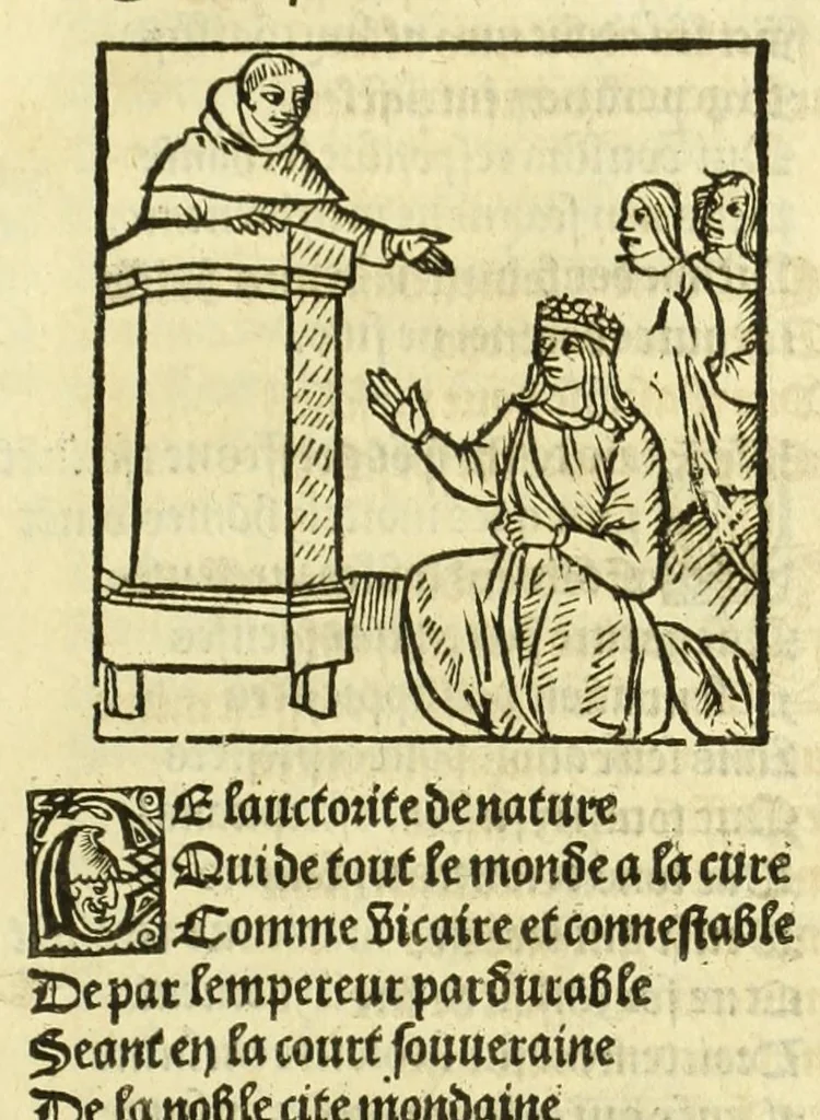An illustration from Cy est le Romat de la roze, ou, Tout lart Damour est enclose : histoires et auctoritez et maintz beaulx propos vsitez qui a este nouuellement Corrige suffisantement et cotte bien a lauantaige com on voit en chascune page, 1526, leaf 267