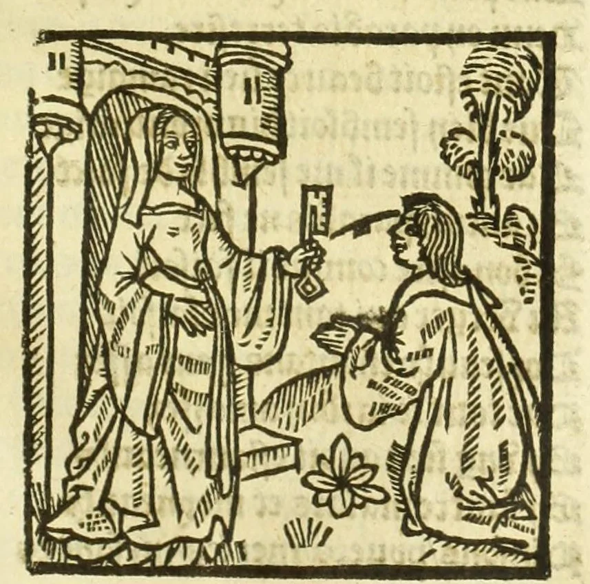 An illustration from Cy est le Romat de la roze, ou, Tout lart Damour est enclose : histoires et auctoritez et maintz beaulx propos vsitez qui a este nouuellement Corrige suffisantement et cotte bien a lauantaige com on voit en chascune page, 1526, leaf 27