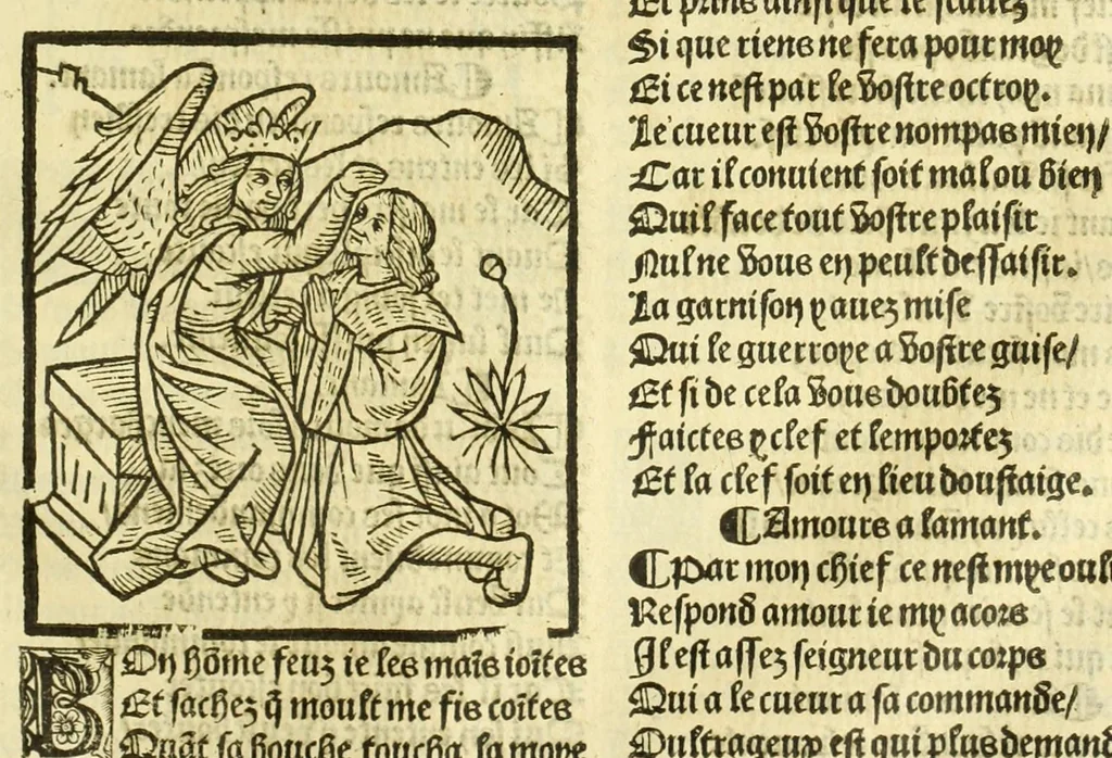 An illustration from Cy est le Romat de la roze, ou, Tout lart Damour est enclose : histoires et auctoritez et maintz beaulx propos vsitez qui a este nouuellement Corrige suffisantement et cotte bien a lauantaige com on voit en chascune page, 1526, leaf 45