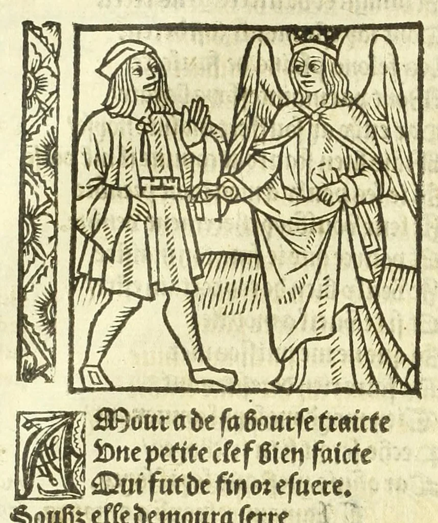 An illustration from Cy est le Romat de la roze, ou, Tout lart Damour est enclose : histoires et auctoritez et maintz beaulx propos vsitez qui a este nouuellement Corrige suffisantement et cotte bien a lauantaige com on voit en chascune page, 1526, leaf 46