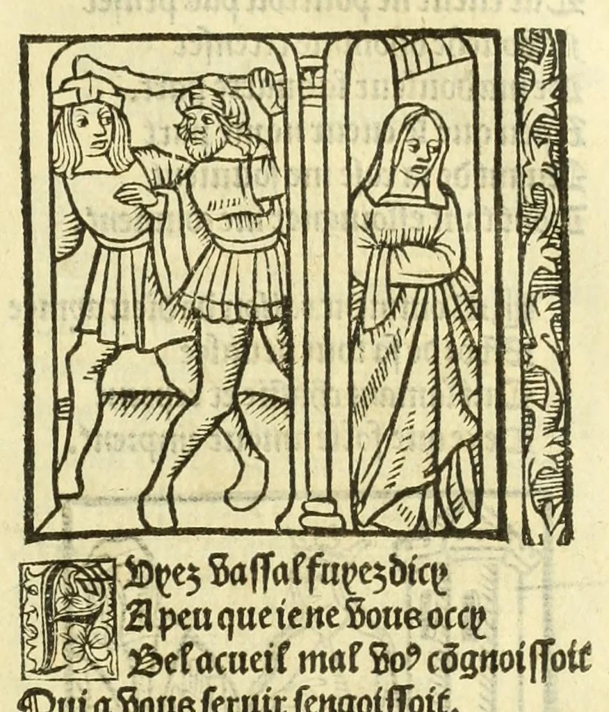 An illustration from Cy est le Romat de la roze, ou, Tout lart Damour est enclose : histoires et auctoritez et maintz beaulx propos vsitez qui a este nouuellement Corrige suffisantement et cotte bien a lauantaige com on voit en chascune page, 1526, leaf 57