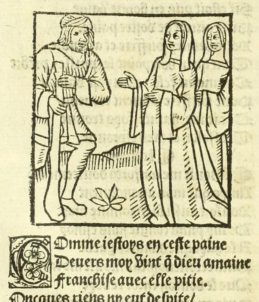 An illustration from Cy est le Romat de la roze, ou, Tout lart Damour est enclose : histoires et auctoritez et maintz beaulx propos vsitez qui a este nouuellement Corrige suffisantement et cotte bien a lauantaige com on voit en chascune page, 1526, leaf 62