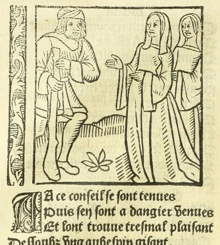 An illustration from Cy est le Romat de la roze, ou, Tout lart Damour est enclose : histoires et auctoritez et maintz beaulx propos vsitez qui a este nouuellement Corrige suffisantement et cotte bien a lauantaige com on voit en chascune page, 1526, leaf 68