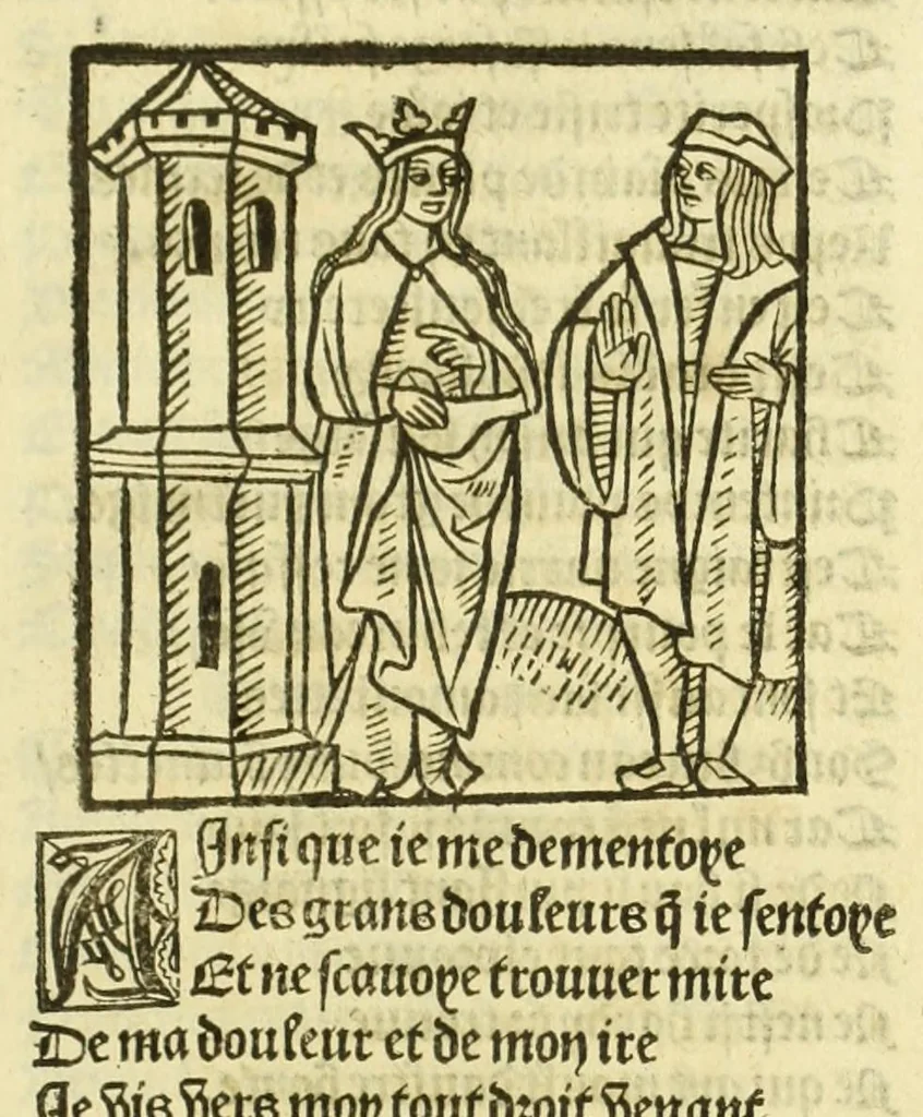 An illustration from Cy est le Romat de la roze, ou, Tout lart Damour est enclose : histoires et auctoritez et maintz beaulx propos vsitez qui a este nouuellement Corrige suffisantement et cotte bien a lauantaige com on voit en chascune page, 1526, leaf 75
