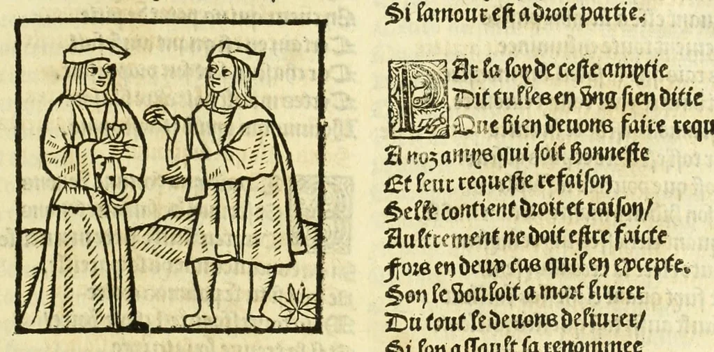 An illustration from Cy est le Romat de la roze, ou, Tout lart Damour est enclose : histoires et auctoritez et maintz beaulx propos vsitez qui a este nouuellement Corrige suffisantement et cotte bien a lauantaige com on voit en chascune page, 1526, leaf 81