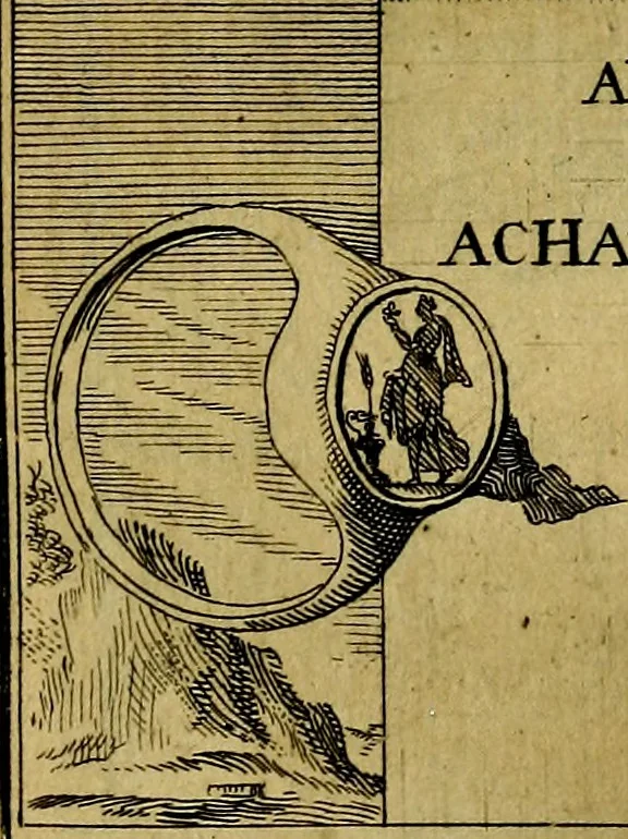 An illustration from Dactyliothecae, seu Annulorum sigillarium quorum priscos tam Graecos quam Romanos usus, ex ferro, aere, argento & auro promptuarii ... Collectis aliunde & ineditis & editis annulorum figuris auctior;, 1695, leaf 100