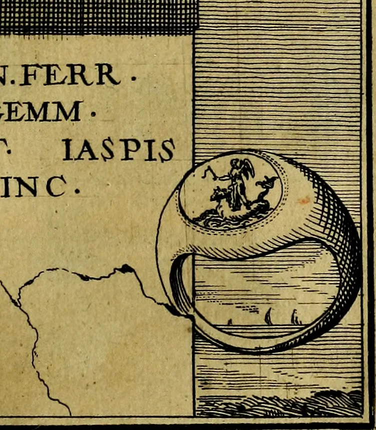 An illustration from Dactyliothecae, seu Annulorum sigillarium quorum priscos tam Graecos quam Romanos usus, ex ferro, aere, argento & auro promptuarii ... Collectis aliunde & ineditis & editis annulorum figuris auctior;, 1695, leaf 100