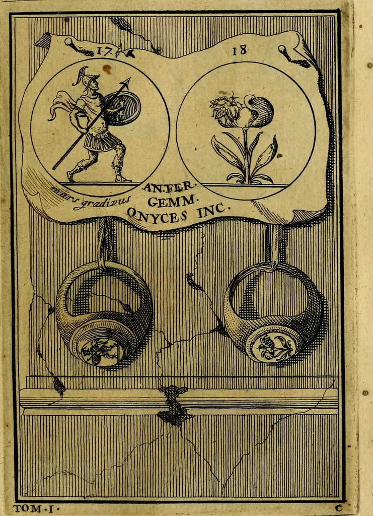 An illustration from Dactyliothecae, seu Annulorum sigillarium quorum priscos tam Graecos quam Romanos usus, ex ferro, aere, argento & auro promptuarii ... Collectis aliunde & ineditis & editis annulorum figuris auctior;, 1695, leaf 102