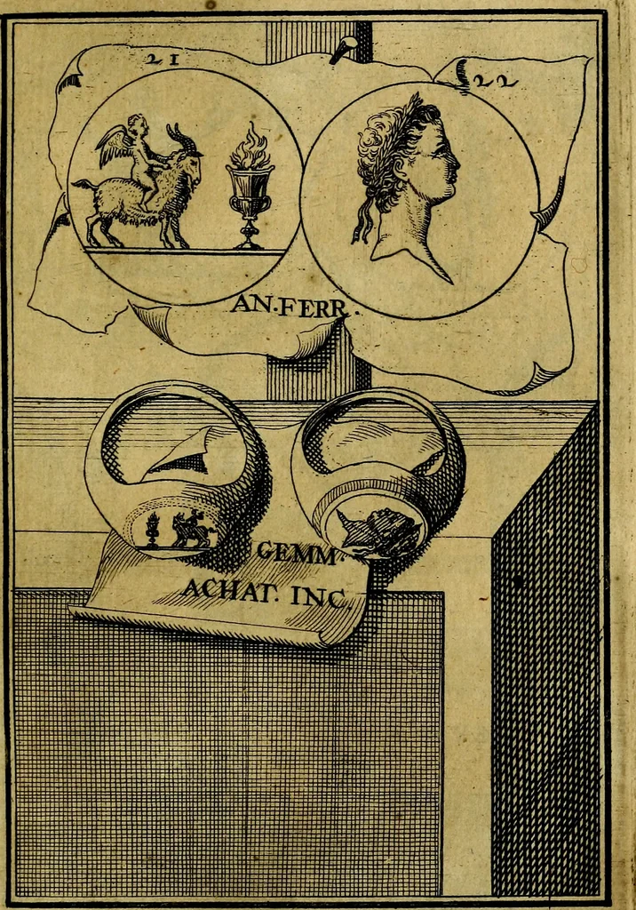 An illustration from Dactyliothecae, seu Annulorum sigillarium quorum priscos tam Graecos quam Romanos usus, ex ferro, aere, argento & auro promptuarii ... Collectis aliunde & ineditis & editis annulorum figuris auctior;, 1695, leaf 106