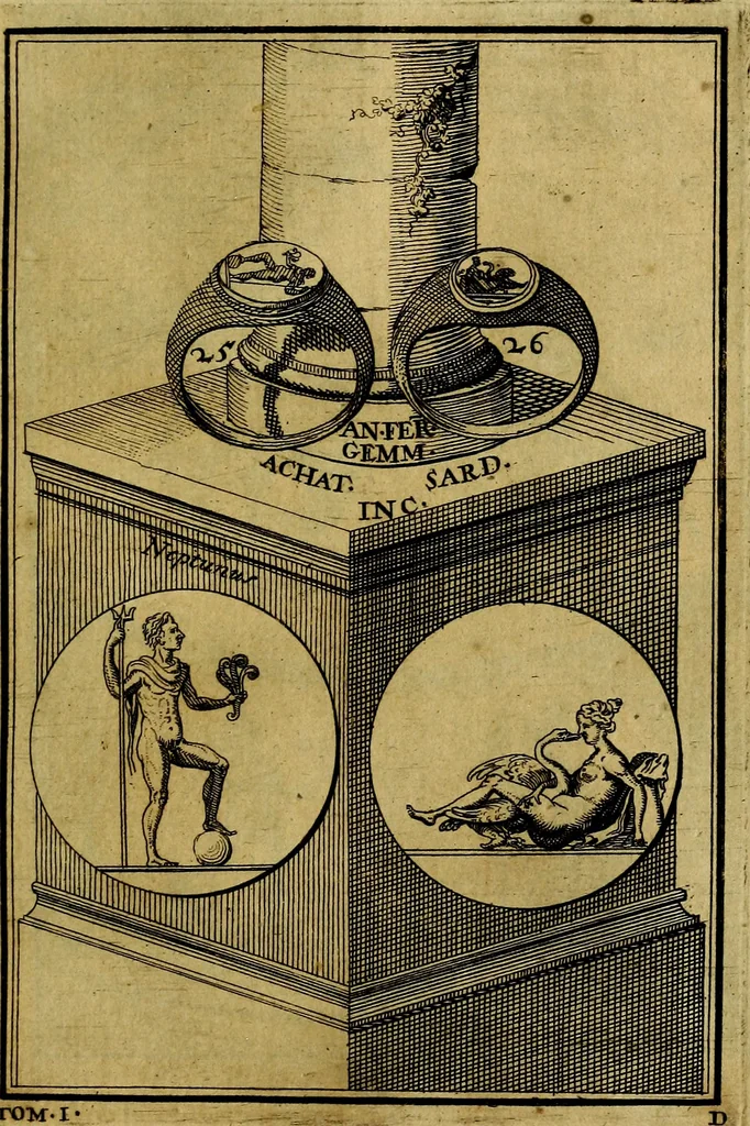 An illustration from Dactyliothecae, seu Annulorum sigillarium quorum priscos tam Graecos quam Romanos usus, ex ferro, aere, argento & auro promptuarii ... Collectis aliunde & ineditis & editis annulorum figuris auctior;, 1695, leaf 110