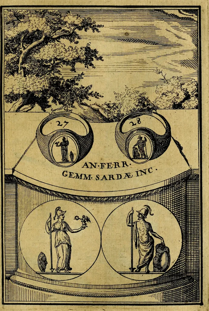 An illustration from Dactyliothecae, seu Annulorum sigillarium quorum priscos tam Graecos quam Romanos usus, ex ferro, aere, argento & auro promptuarii ... Collectis aliunde & ineditis & editis annulorum figuris auctior;, 1695, leaf 112