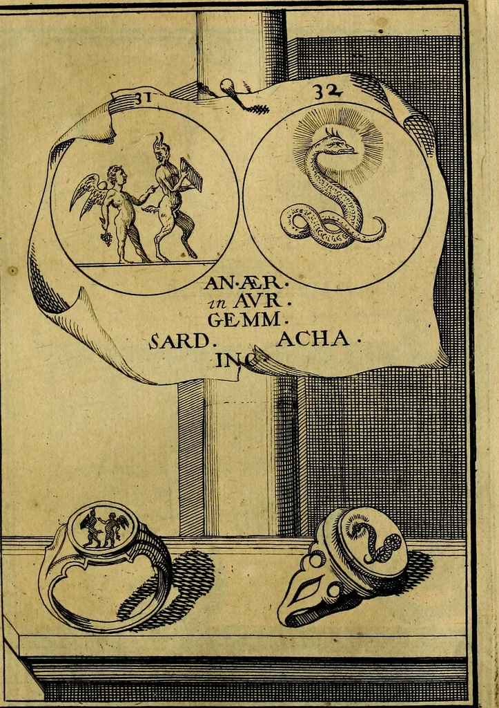An illustration from Dactyliothecae, seu Annulorum sigillarium quorum priscos tam Graecos quam Romanos usus, ex ferro, aere, argento & auro promptuarii ... Collectis aliunde & ineditis & editis annulorum figuris auctior;, 1695, leaf 116