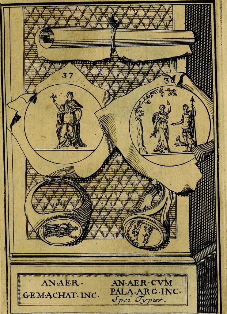 An illustration from Dactyliothecae, seu Annulorum sigillarium quorum priscos tam Graecos quam Romanos usus, ex ferro, aere, argento & auro promptuarii ... Collectis aliunde & ineditis & editis annulorum figuris auctior;, 1695, leaf 122