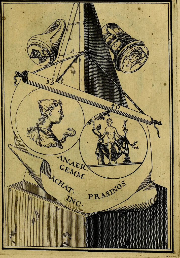 An illustration from Dactyliothecae, seu Annulorum sigillarium quorum priscos tam Graecos quam Romanos usus, ex ferro, aere, argento & auro promptuarii ... Collectis aliunde & ineditis & editis annulorum figuris auctior;, 1695, leaf 124