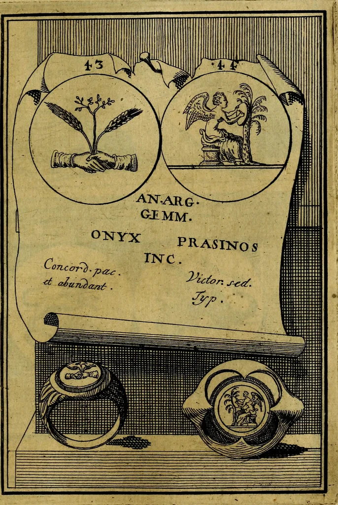An illustration from Dactyliothecae, seu Annulorum sigillarium quorum priscos tam Graecos quam Romanos usus, ex ferro, aere, argento & auro promptuarii ... Collectis aliunde & ineditis & editis annulorum figuris auctior;, 1695, leaf 128