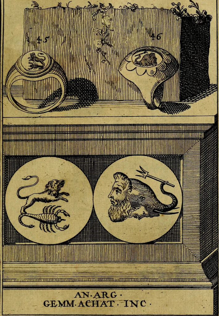 An illustration from Dactyliothecae, seu Annulorum sigillarium quorum priscos tam Graecos quam Romanos usus, ex ferro, aere, argento & auro promptuarii ... Collectis aliunde & ineditis & editis annulorum figuris auctior;, 1695, leaf 130