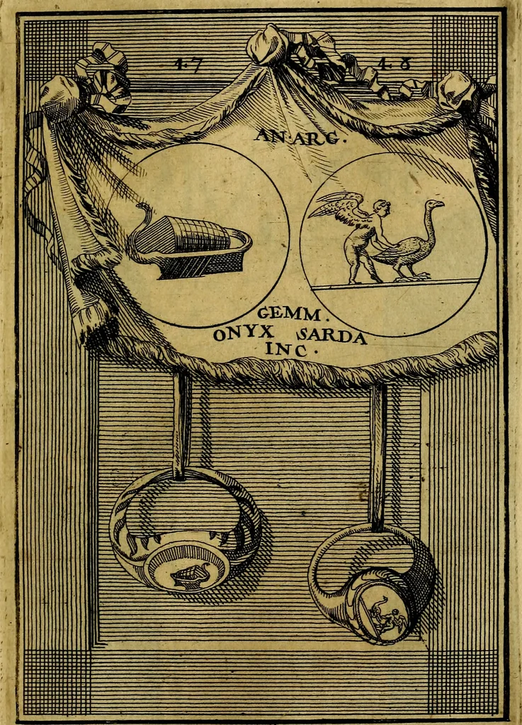 An illustration from Dactyliothecae, seu Annulorum sigillarium quorum priscos tam Graecos quam Romanos usus, ex ferro, aere, argento & auro promptuarii ... Collectis aliunde & ineditis & editis annulorum figuris auctior;, 1695, leaf 132