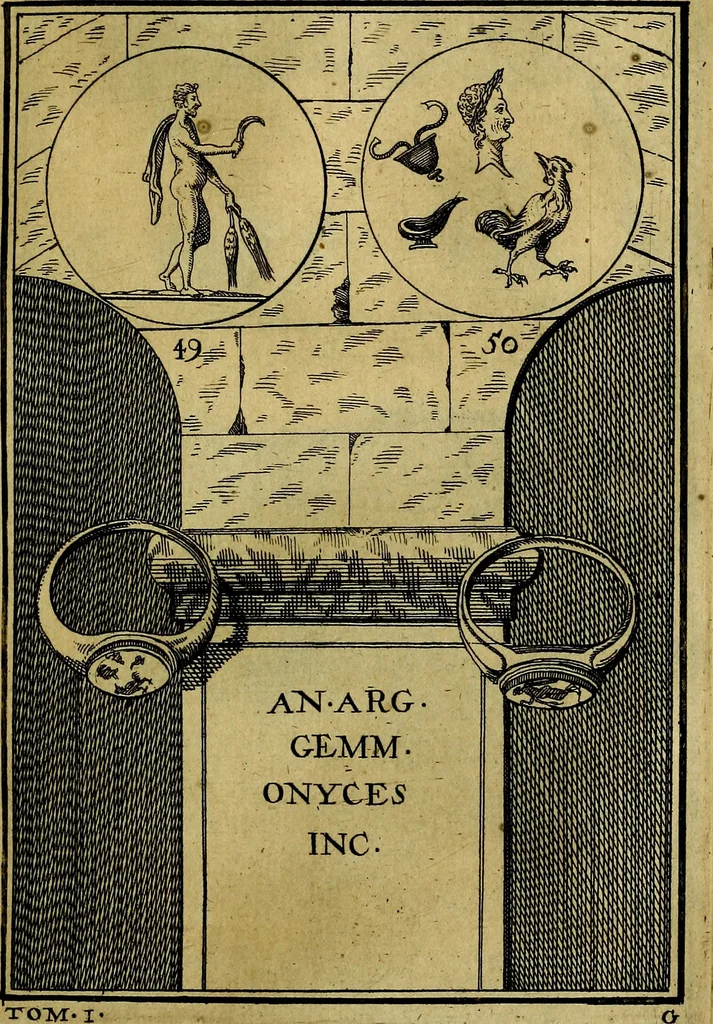 An illustration from Dactyliothecae, seu Annulorum sigillarium quorum priscos tam Graecos quam Romanos usus, ex ferro, aere, argento & auro promptuarii ... Collectis aliunde & ineditis & editis annulorum figuris auctior;, 1695, leaf 134