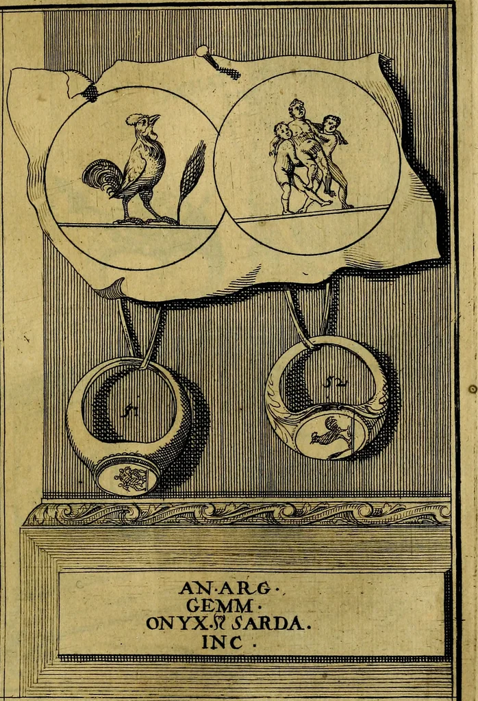An illustration from Dactyliothecae, seu Annulorum sigillarium quorum priscos tam Graecos quam Romanos usus, ex ferro, aere, argento & auro promptuarii ... Collectis aliunde & ineditis & editis annulorum figuris auctior;, 1695, leaf 136