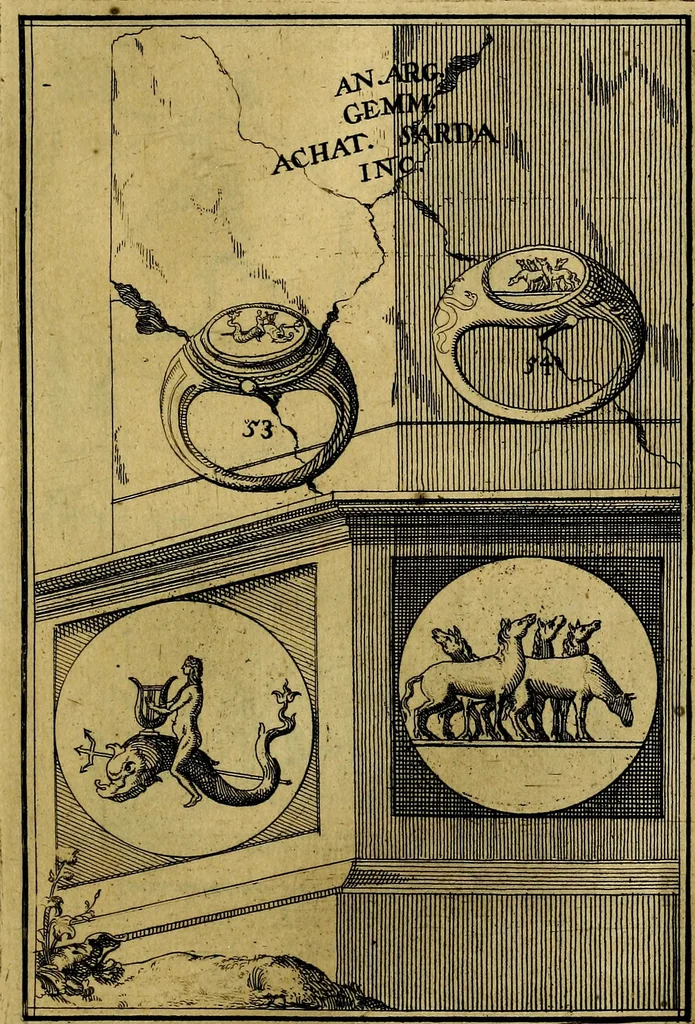 An illustration from Dactyliothecae, seu Annulorum sigillarium quorum priscos tam Graecos quam Romanos usus, ex ferro, aere, argento & auro promptuarii ... Collectis aliunde & ineditis & editis annulorum figuris auctior;, 1695, leaf 138