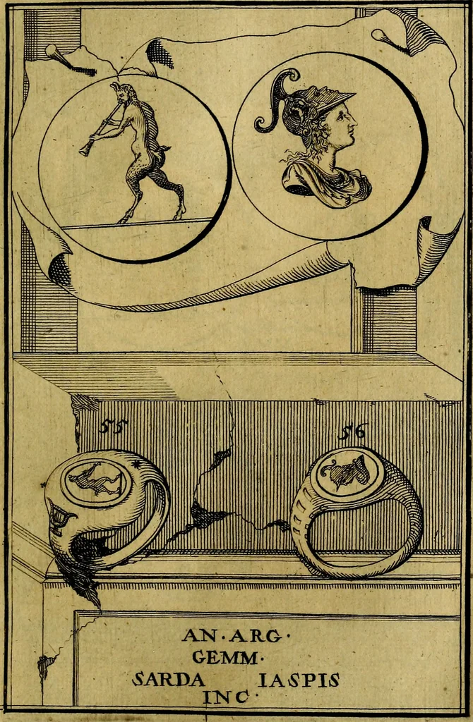 An illustration from Dactyliothecae, seu Annulorum sigillarium quorum priscos tam Graecos quam Romanos usus, ex ferro, aere, argento & auro promptuarii ... Collectis aliunde & ineditis & editis annulorum figuris auctior;, 1695, leaf 140