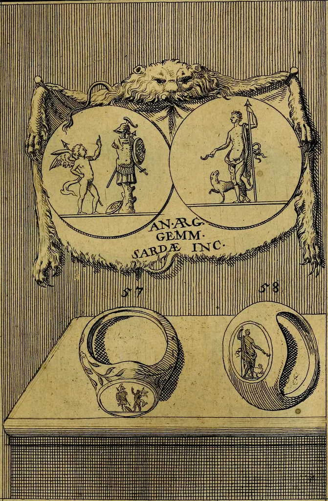 An illustration from Dactyliothecae, seu Annulorum sigillarium quorum priscos tam Graecos quam Romanos usus, ex ferro, aere, argento & auro promptuarii ... Collectis aliunde & ineditis & editis annulorum figuris auctior;, 1695, leaf 142