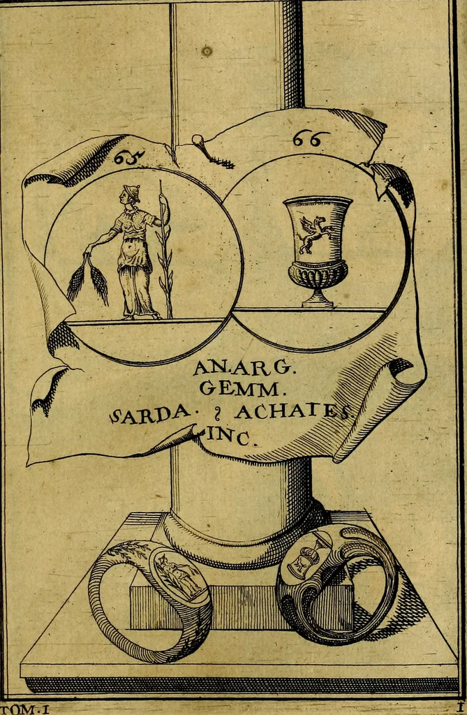 An illustration from Dactyliothecae, seu Annulorum sigillarium quorum priscos tam Graecos quam Romanos usus, ex ferro, aere, argento & auro promptuarii ... Collectis aliunde & ineditis & editis annulorum figuris auctior;, 1695, leaf 150