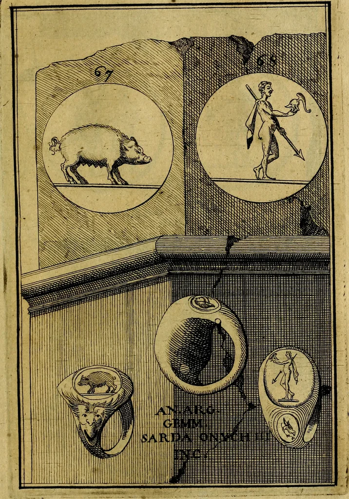 An illustration from Dactyliothecae, seu Annulorum sigillarium quorum priscos tam Graecos quam Romanos usus, ex ferro, aere, argento & auro promptuarii ... Collectis aliunde & ineditis & editis annulorum figuris auctior;, 1695, leaf 152