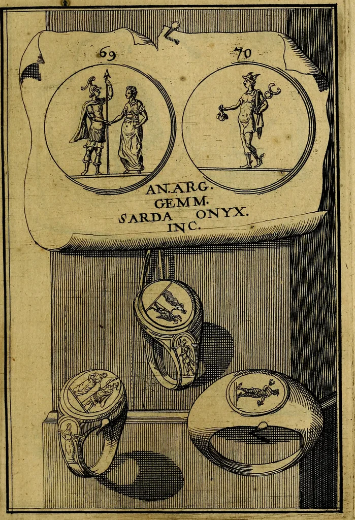 An illustration from Dactyliothecae, seu Annulorum sigillarium quorum priscos tam Graecos quam Romanos usus, ex ferro, aere, argento & auro promptuarii ... Collectis aliunde & ineditis & editis annulorum figuris auctior;, 1695, leaf 154