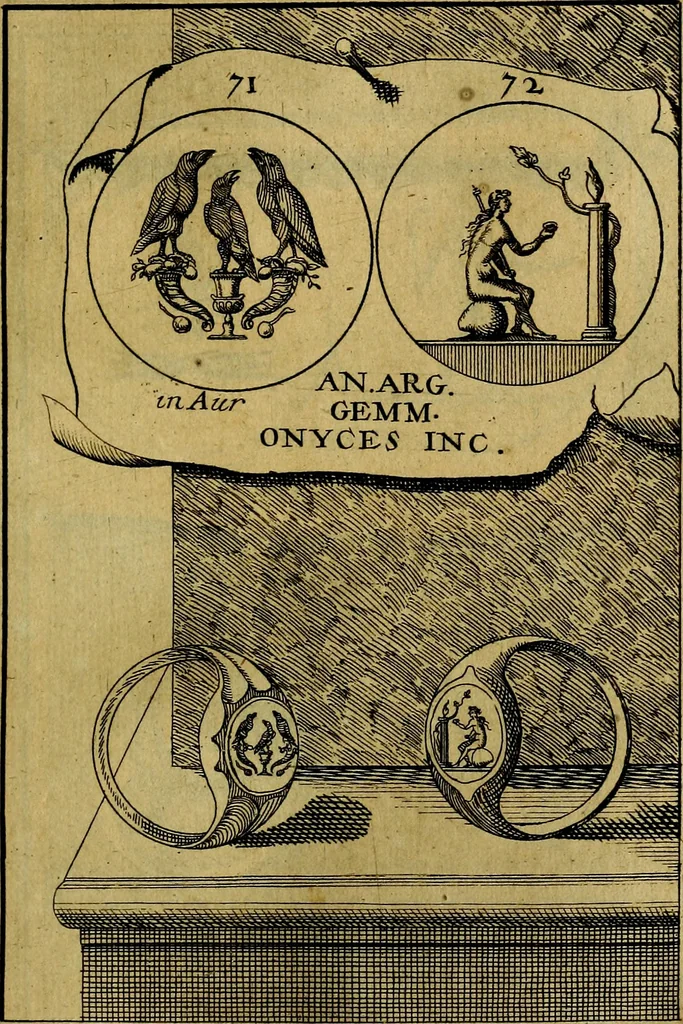 An illustration from Dactyliothecae, seu Annulorum sigillarium quorum priscos tam Graecos quam Romanos usus, ex ferro, aere, argento & auro promptuarii ... Collectis aliunde & ineditis & editis annulorum figuris auctior;, 1695, leaf 156