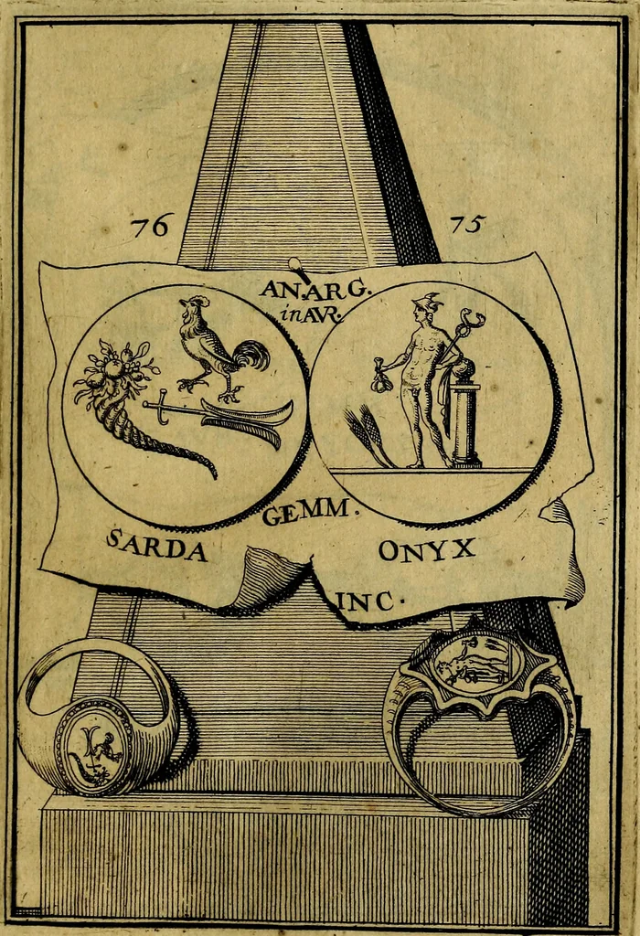 An illustration from Dactyliothecae, seu Annulorum sigillarium quorum priscos tam Graecos quam Romanos usus, ex ferro, aere, argento & auro promptuarii ... Collectis aliunde & ineditis & editis annulorum figuris auctior;, 1695, leaf 160
