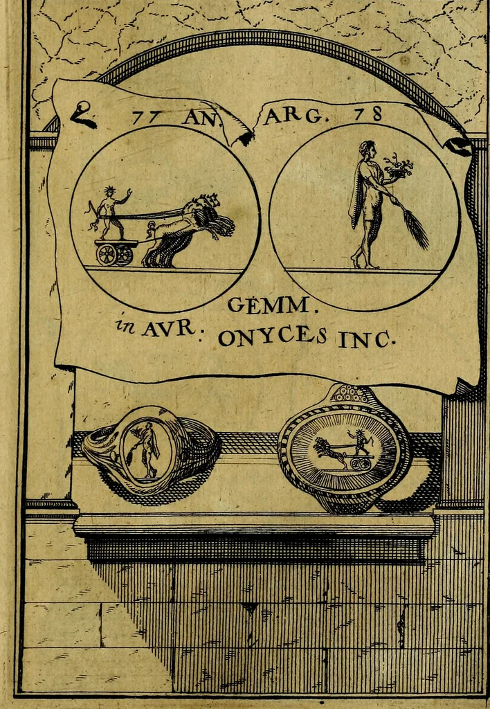 An illustration from Dactyliothecae, seu Annulorum sigillarium quorum priscos tam Graecos quam Romanos usus, ex ferro, aere, argento & auro promptuarii ... Collectis aliunde & ineditis & editis annulorum figuris auctior;, 1695, leaf 162